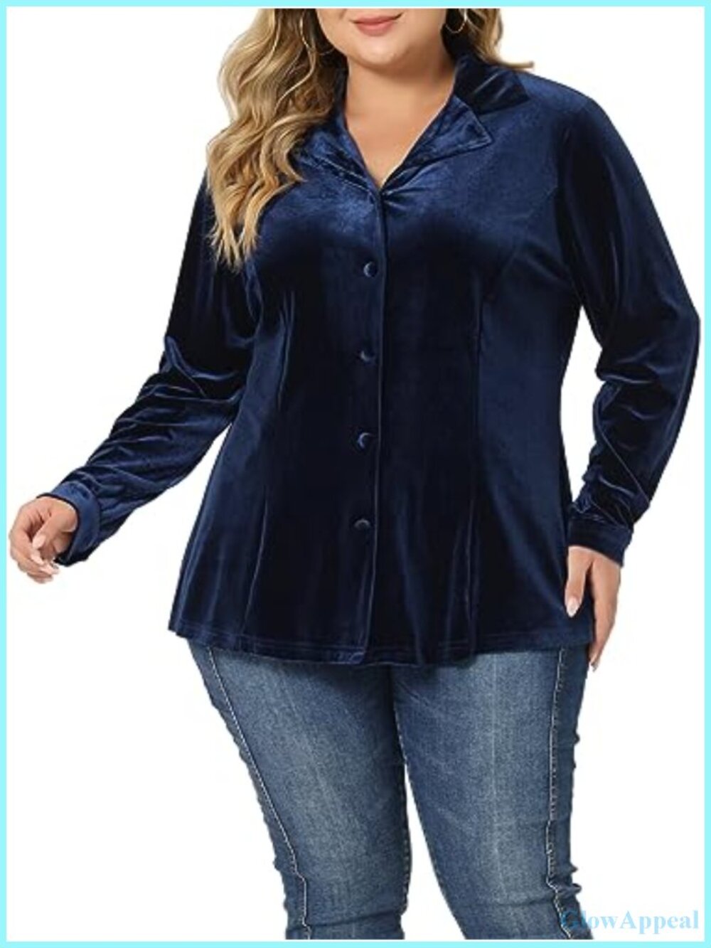 Plus Size Velvet Button Down Shirt Long Sleeve Collared Curved Hem Casual Top